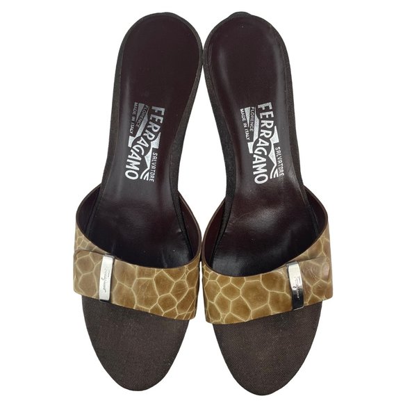 SALVATORE FERRAGAMO Crocodile Print Brown Leather Open Toe Kitten Heel Size 9 - Picture 9 of 13